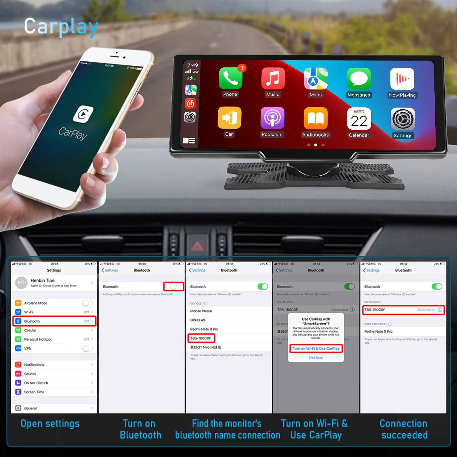 🚗 10.26″ Wireless CarPlay Android Auto Smart Screen Dash Monitor + Cameras