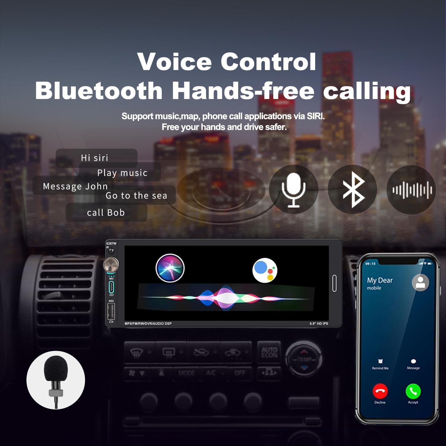 Single Din 6.9″Touch Screen Stereo Bluetooth Radio Car Apple/Android Carplay USB