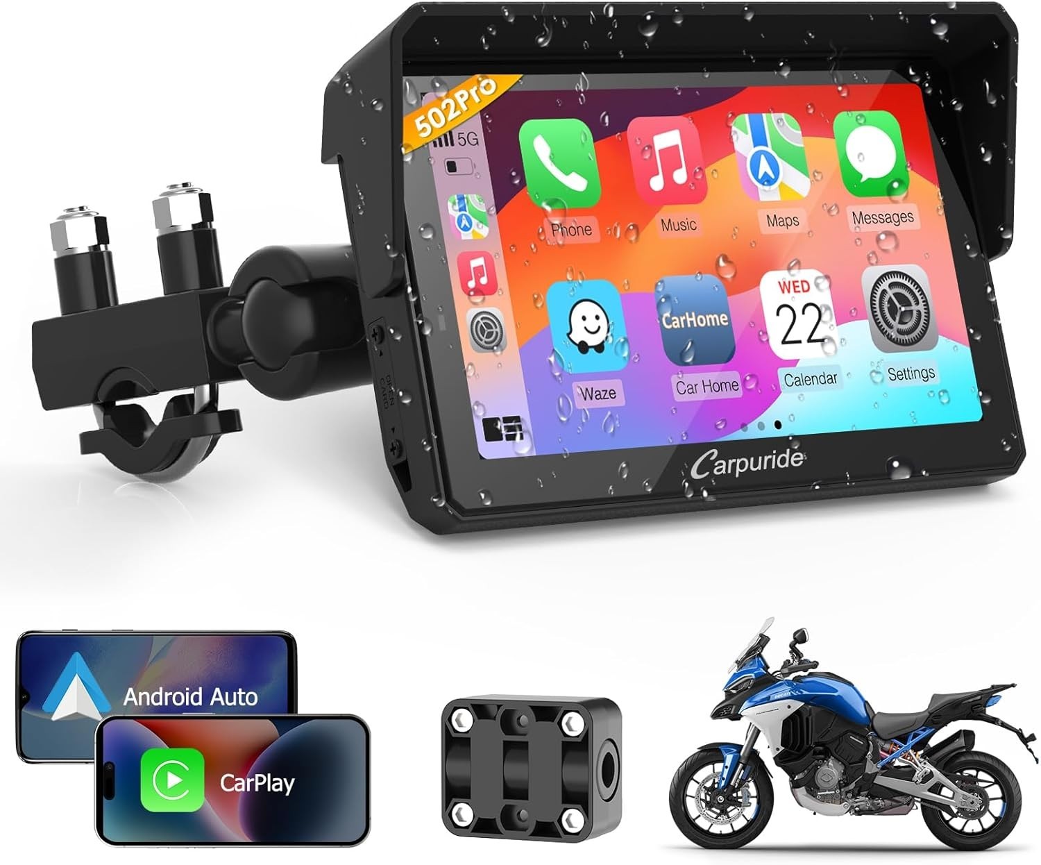 Carpuride W502Pro Motor Stereo Carplay Android Auto Intercom Compass Waterproof