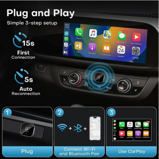2-in-1 Wireless CarPlay & Android Auto Adapter USB Plug Play iPhone iOS Android