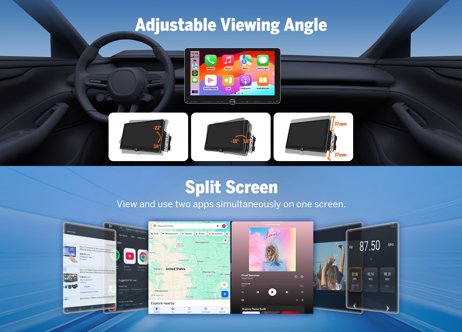 Android Auto 10.1″ IPS Car Dash GPS FM Radio Stereo Apple CarPlay Bluetooth WiFi