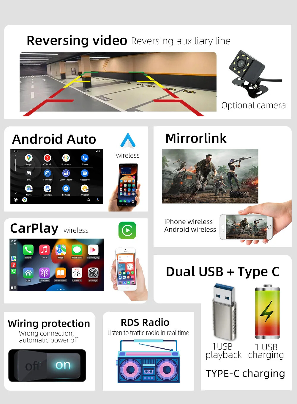 1Din 6.86 Inch Car Radio with Wireless Carplay Android Auto BT MP5 Multimedia