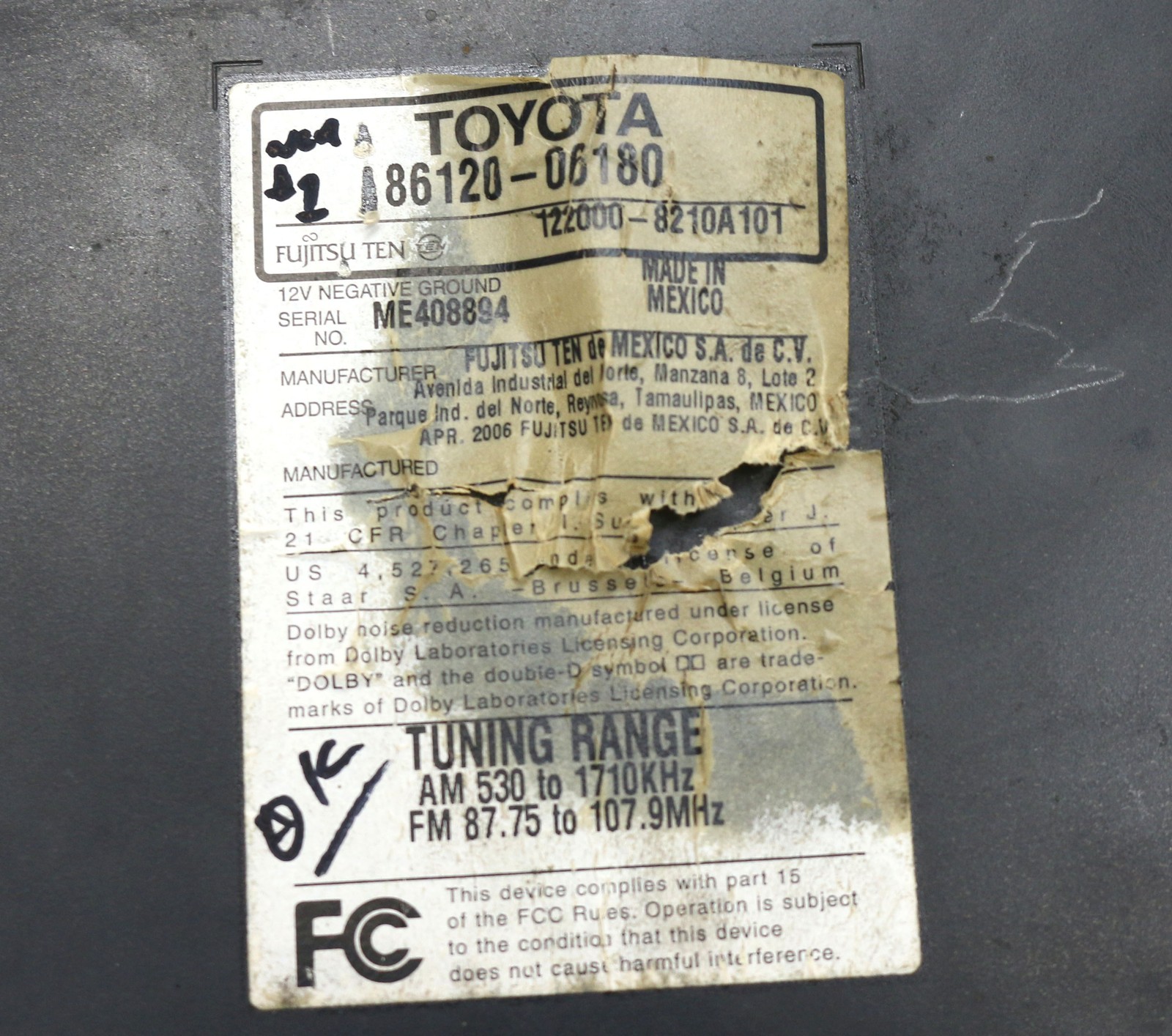Toyota Camry 2007-09 AM FM Radio mp3 Single CD Receiver PN 86120-06180 11815