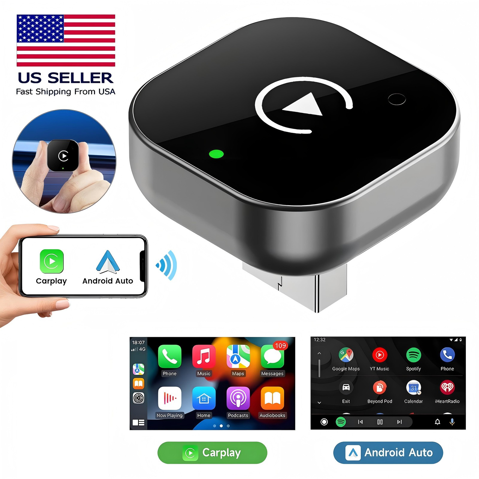 Wireless CarPlay Adapter for Apple iPhone & Android Auto USB Adapter Plug & Play