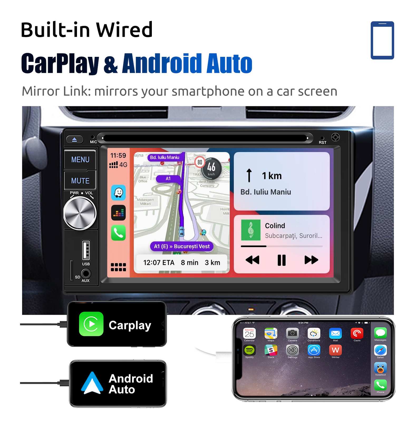 Double 2 DIN Carplay Stereo 6.2″ CD DVD Player FM AM Radio USB AUX-in TF Camera