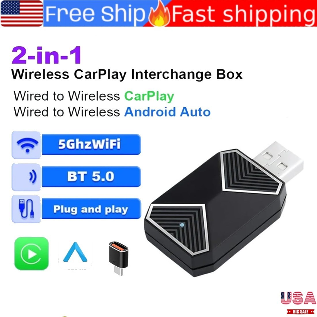 Wireless CarPlay Adapter For Android Auto &Apple USB Car Dongle Connect Mini Box