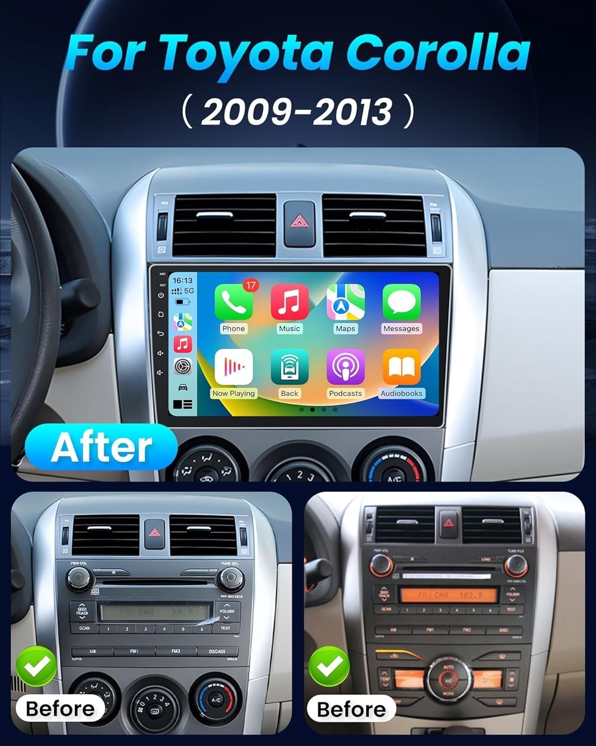 Car Radio Stereo Carplay For 2009-2013 Toyota Corolla GPS Android Auto