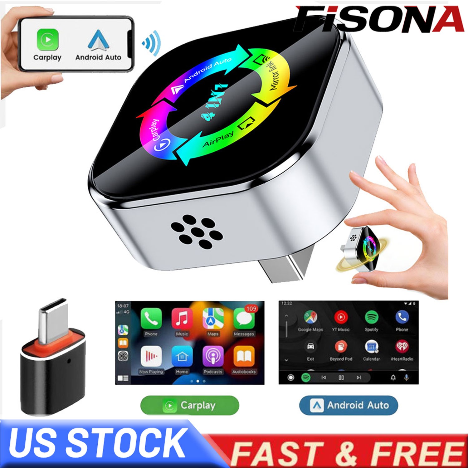 4-in-1 Wireless CarPlay Adapter & Android Auto Wireless Adapter, Plug & Play