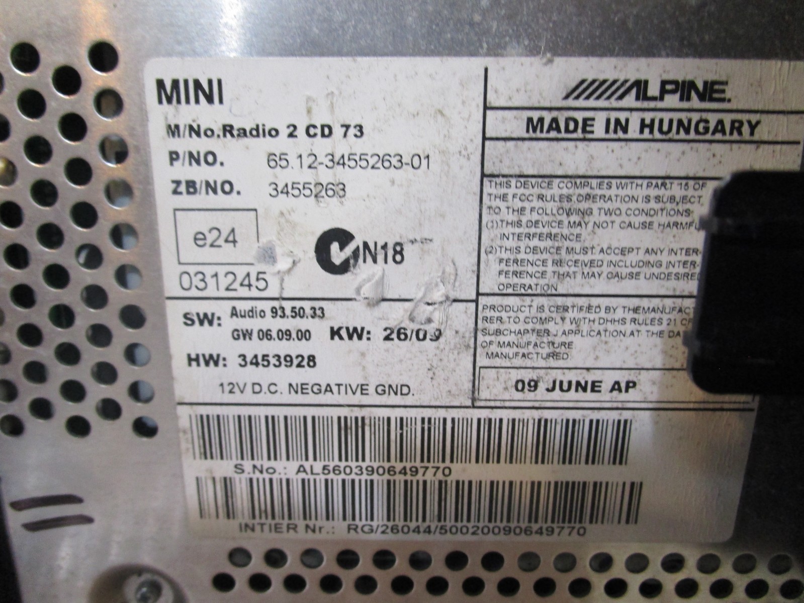 07 08 09 10 Mini Cooper Radio Stereo Receiver CD Player 2007-2010 65123455263
