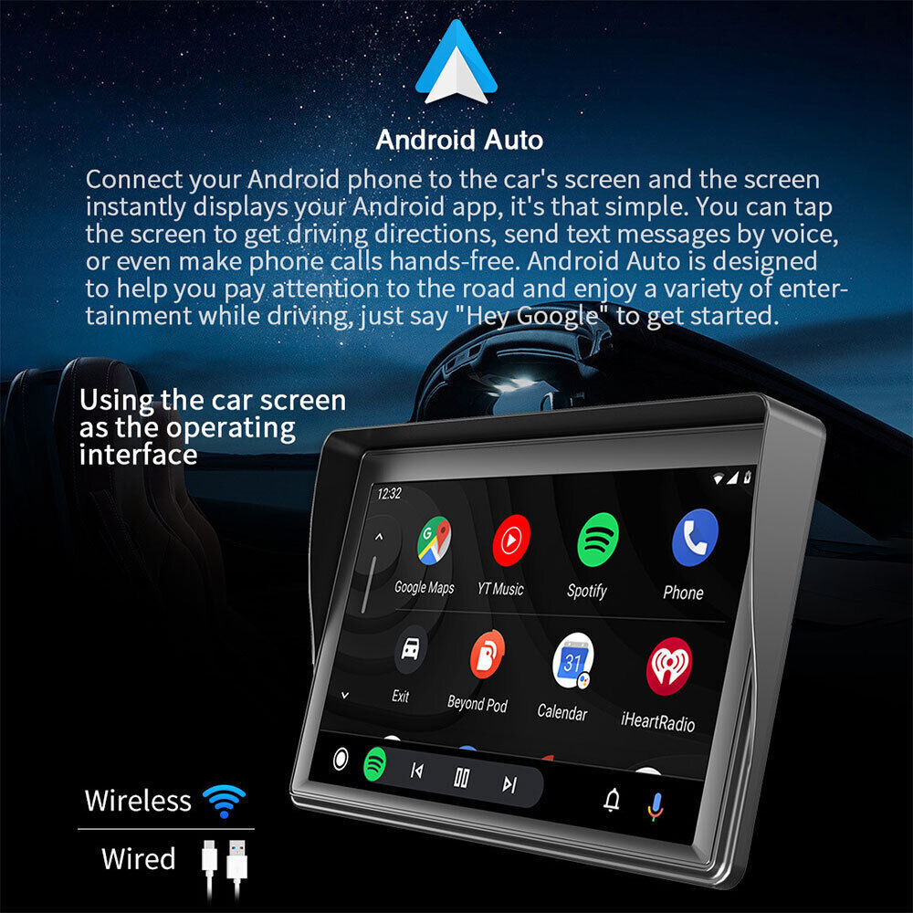 7″ Portable Car Stereo Radio Wireless Apple CarPlay Android Auto Touch Screen