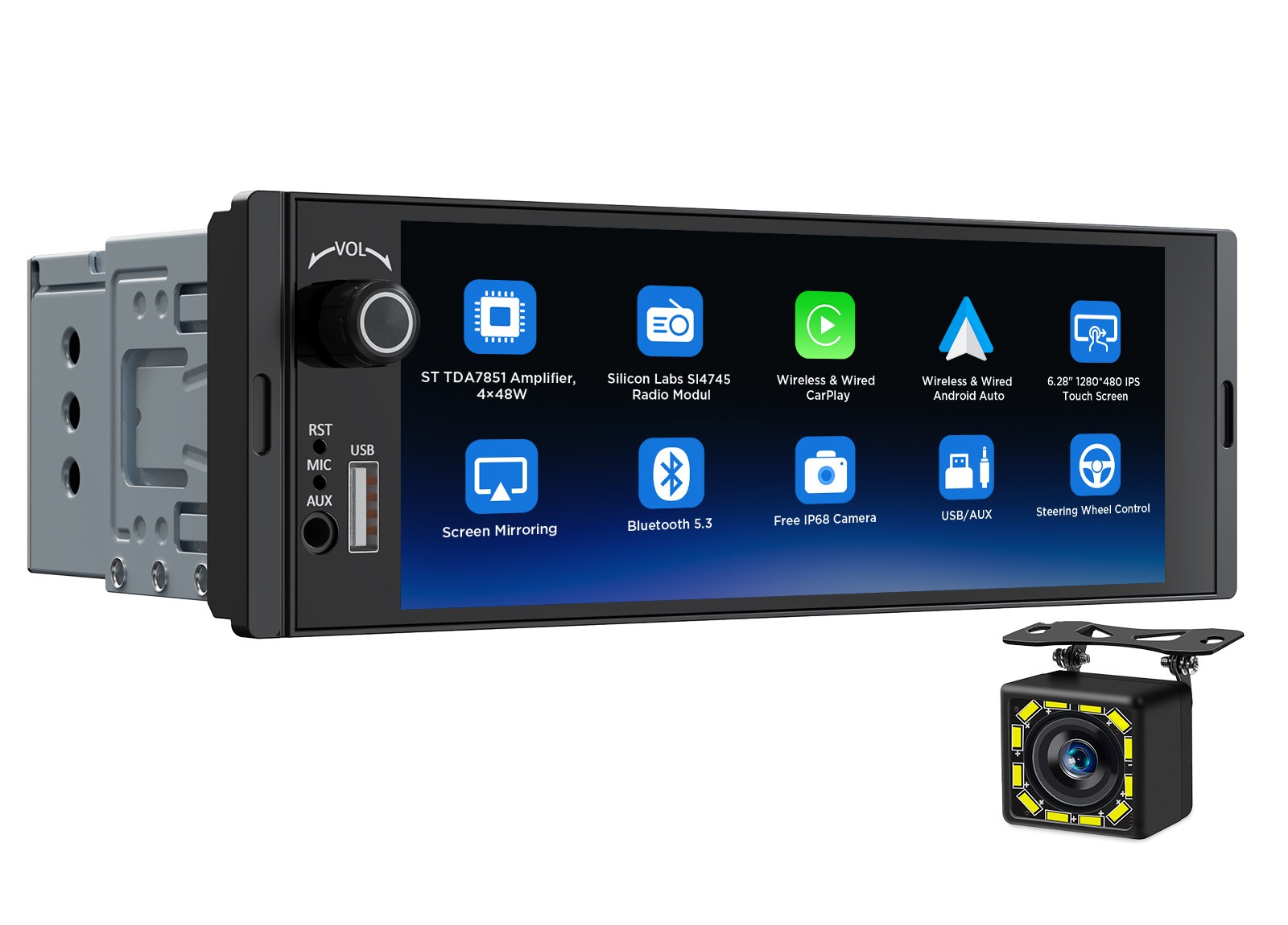 CAM+Eonon X3U 6.28″ IPS Touch Screen Car Stereo 1 DIN Android Auto CarPlay Radio