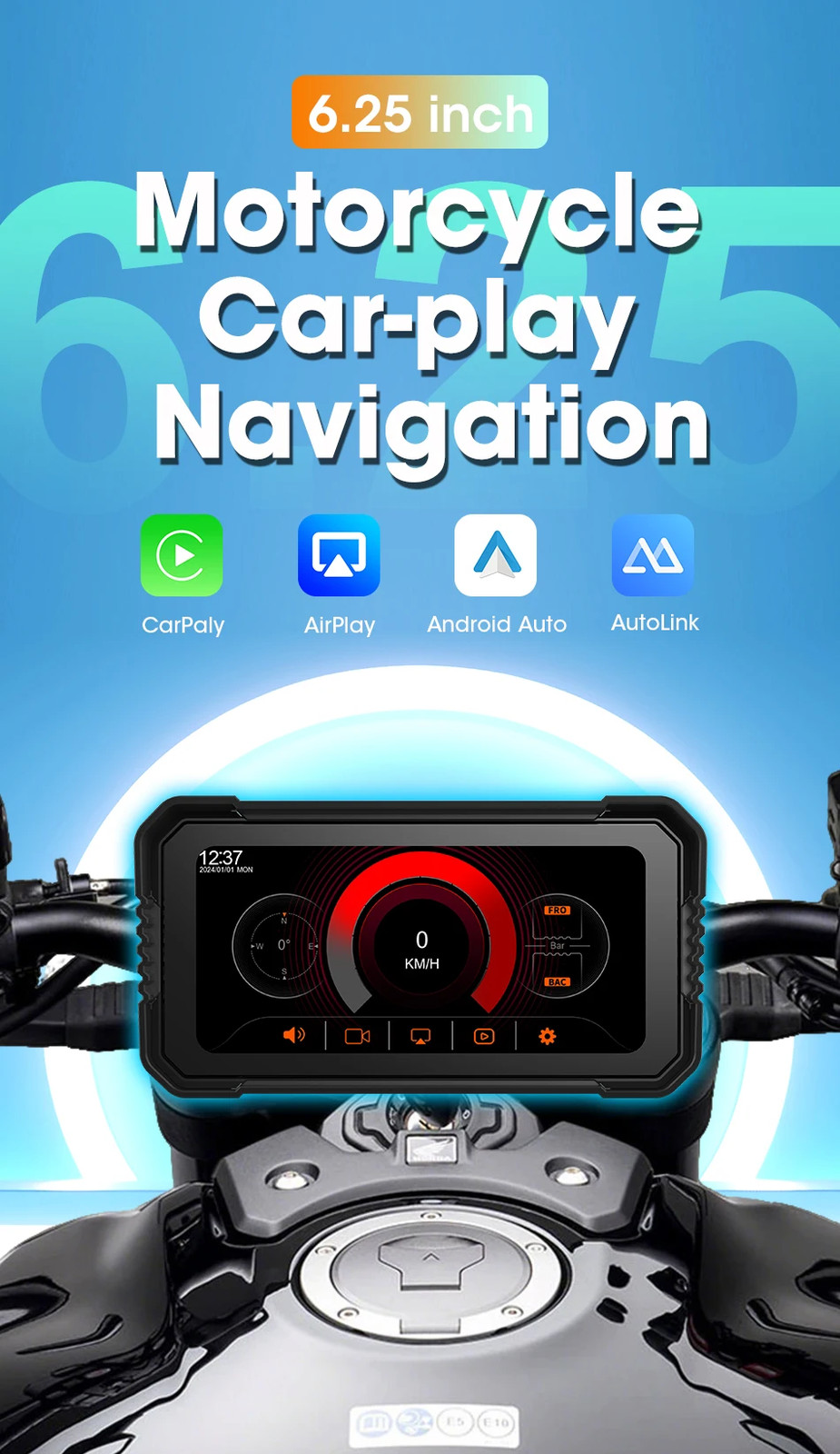 Srnubi 6.25″ Portable CarPlay GPS Digital Moto Dashboard Waterproof Display