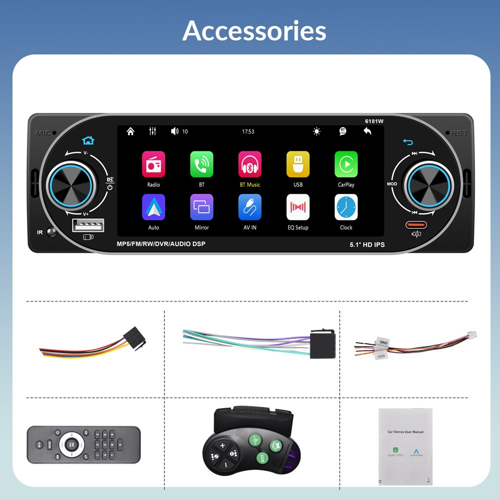5.1in 1DIN Touch Screen Car MP5 Player USB Type-C FM For Carplay Android Auto