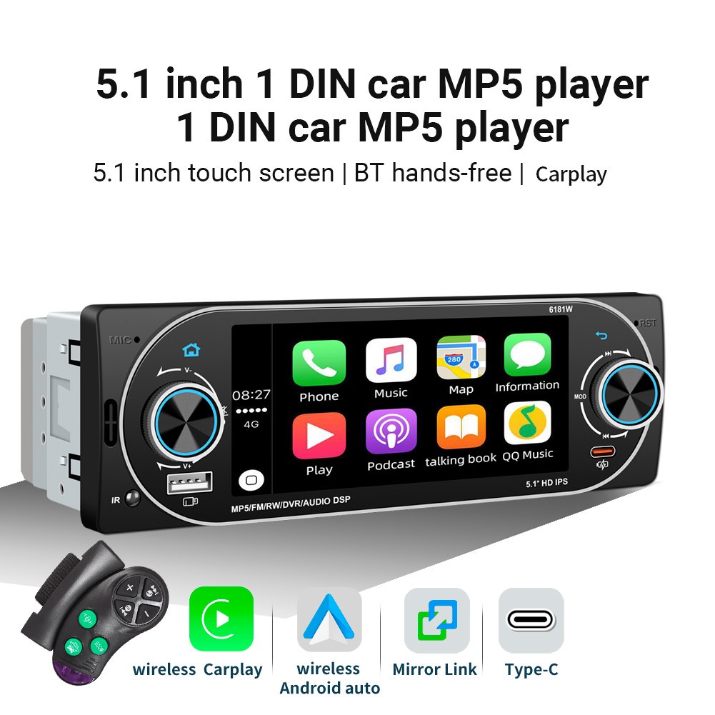 Single 1DIN HD Car Multimedia Player FM USB Type-C With Steering Wheel Control