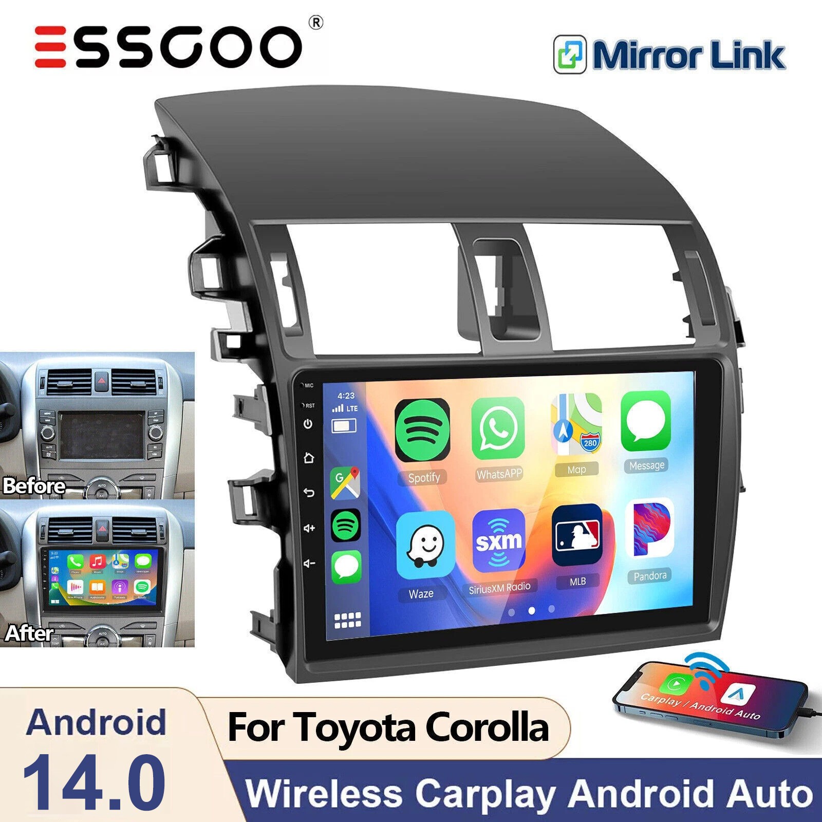4+64GB Android 14 For Toyota Corolla 2009-2013 Car Stereo Radio WiFi GPS CarPlay