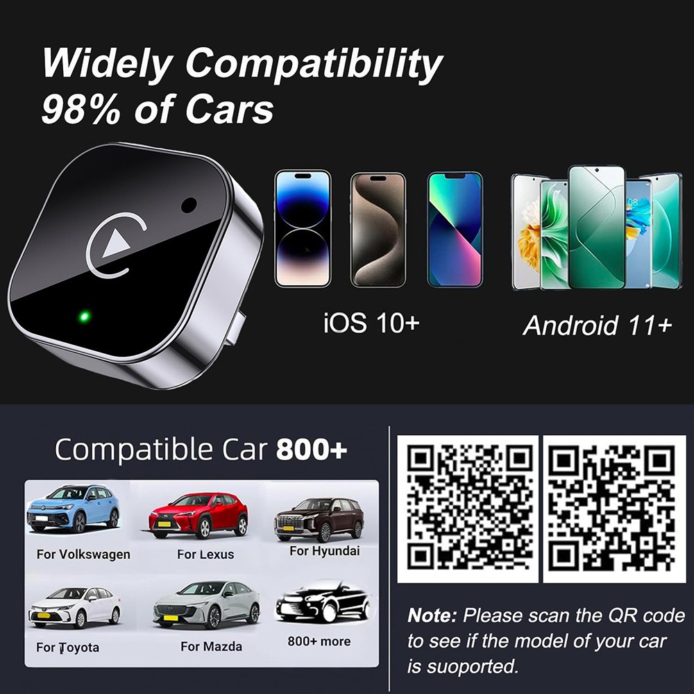 Wireless CarPlay Adapter for Apple iPhone & Android Auto USB Adapter Plug & Play