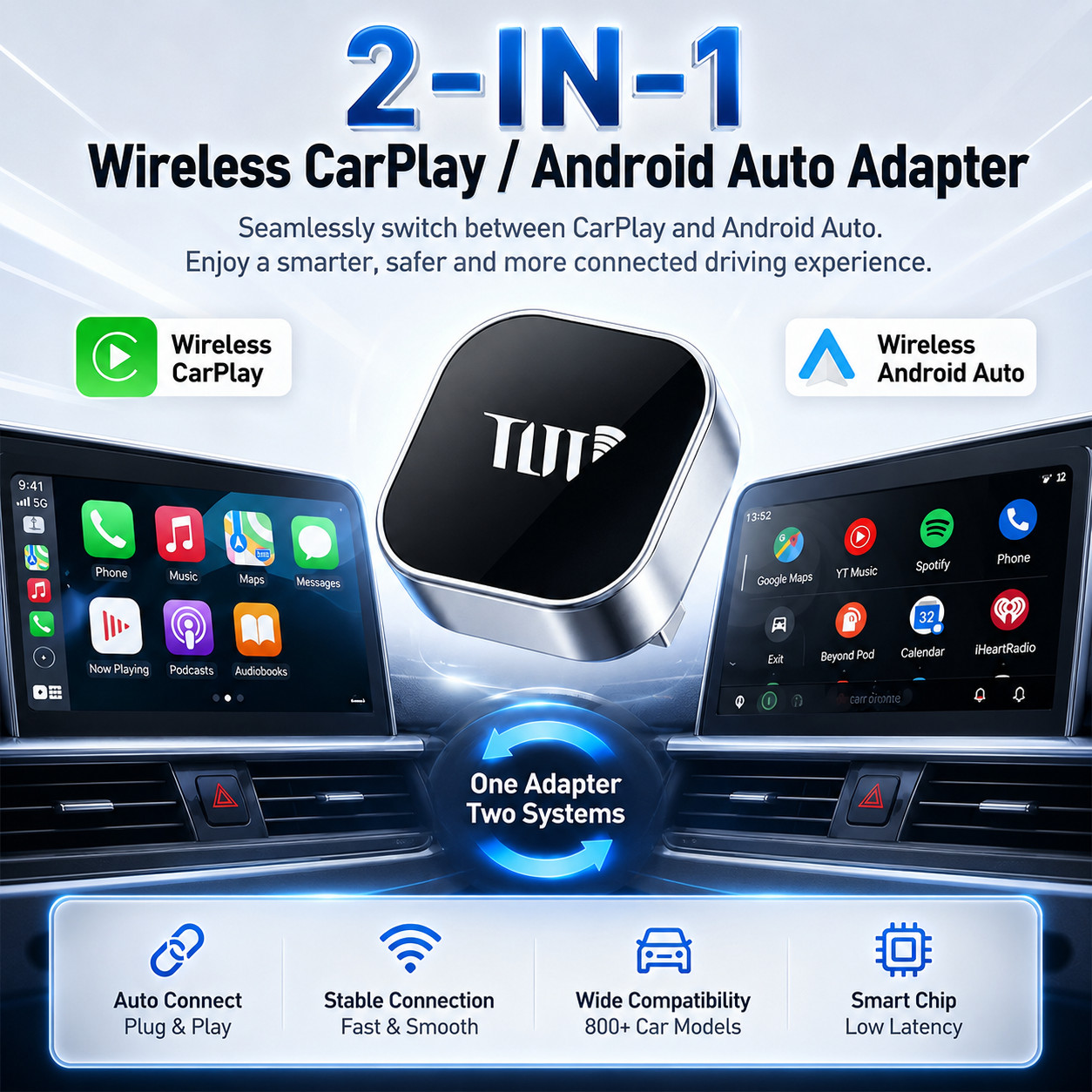 Wireless USB Carplay Adapter Dongle For iPhone Apple Android Auto Plug & Play