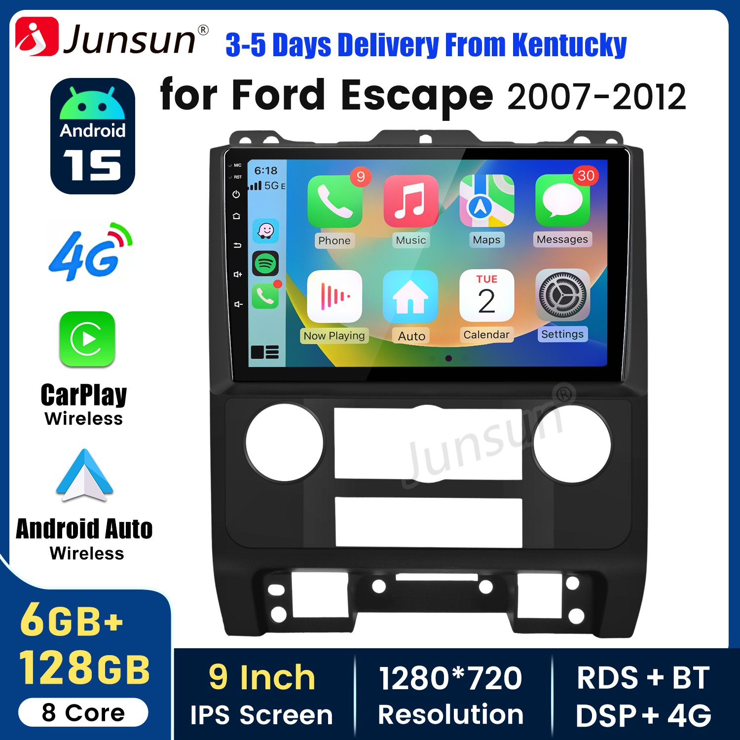 For Ford Escape 2007-2012 Android15 6+128G CarPlay Car Stereo Radio GPS Navi RDS