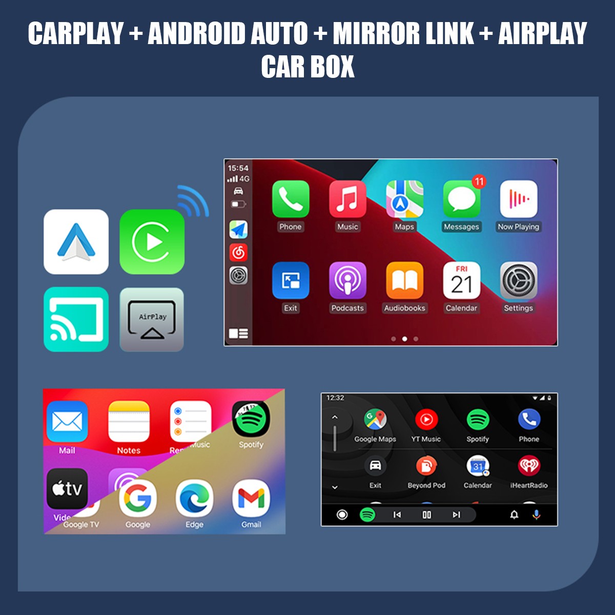 Wireless Carplay Android Auto Adapter Airplay Mirror Link Screen Bluetooth Wi-fi