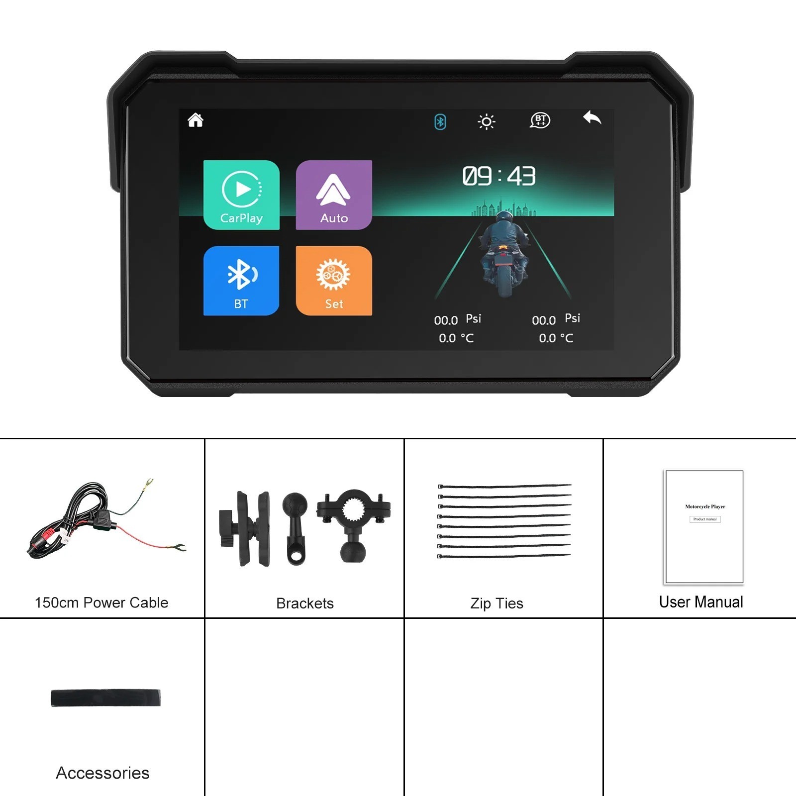 Podofo Wireless CarPlay Android Auto 5″ Smart Player Bluetooth EQ Motorcycle