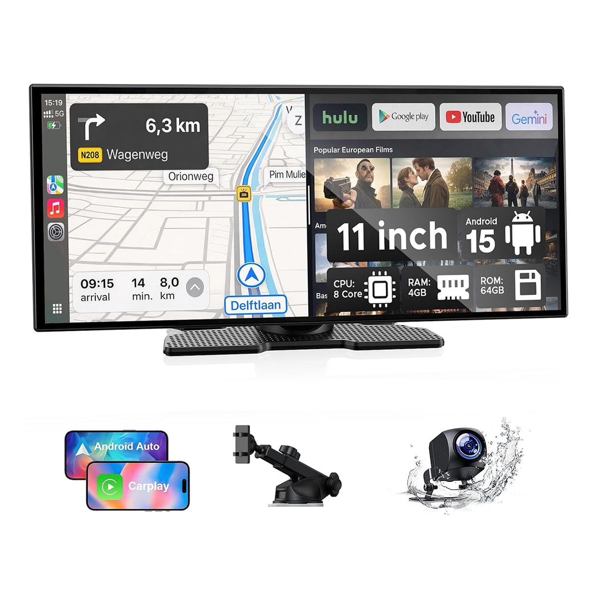 LAMTTO RC32 11″ Portable CarPlay Screen Android 15 Wireless Android Auto GPS