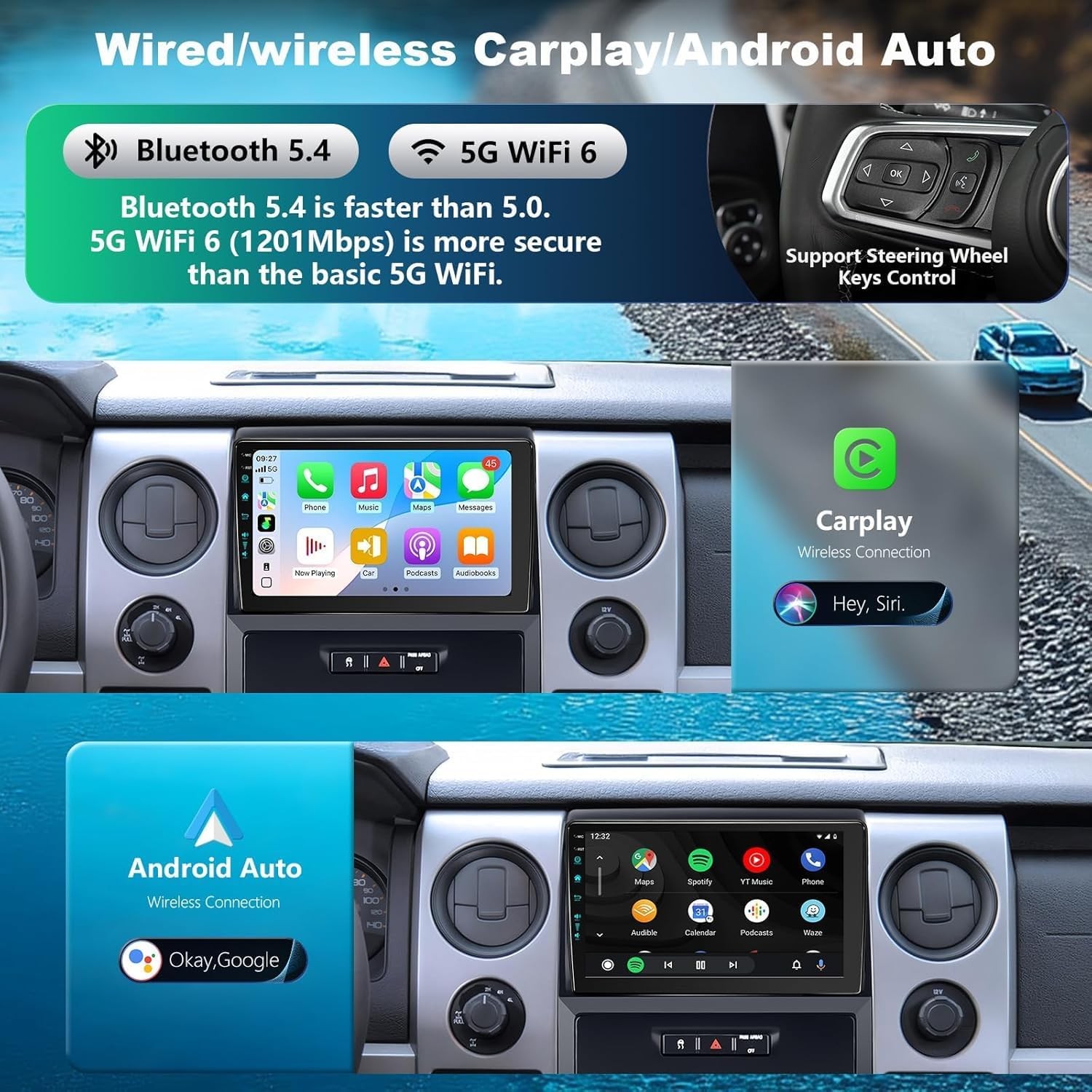 Car Stereo for Ford F-150 2009-2012 Wireless CarPlay & Android Auto AM/FM/RDS