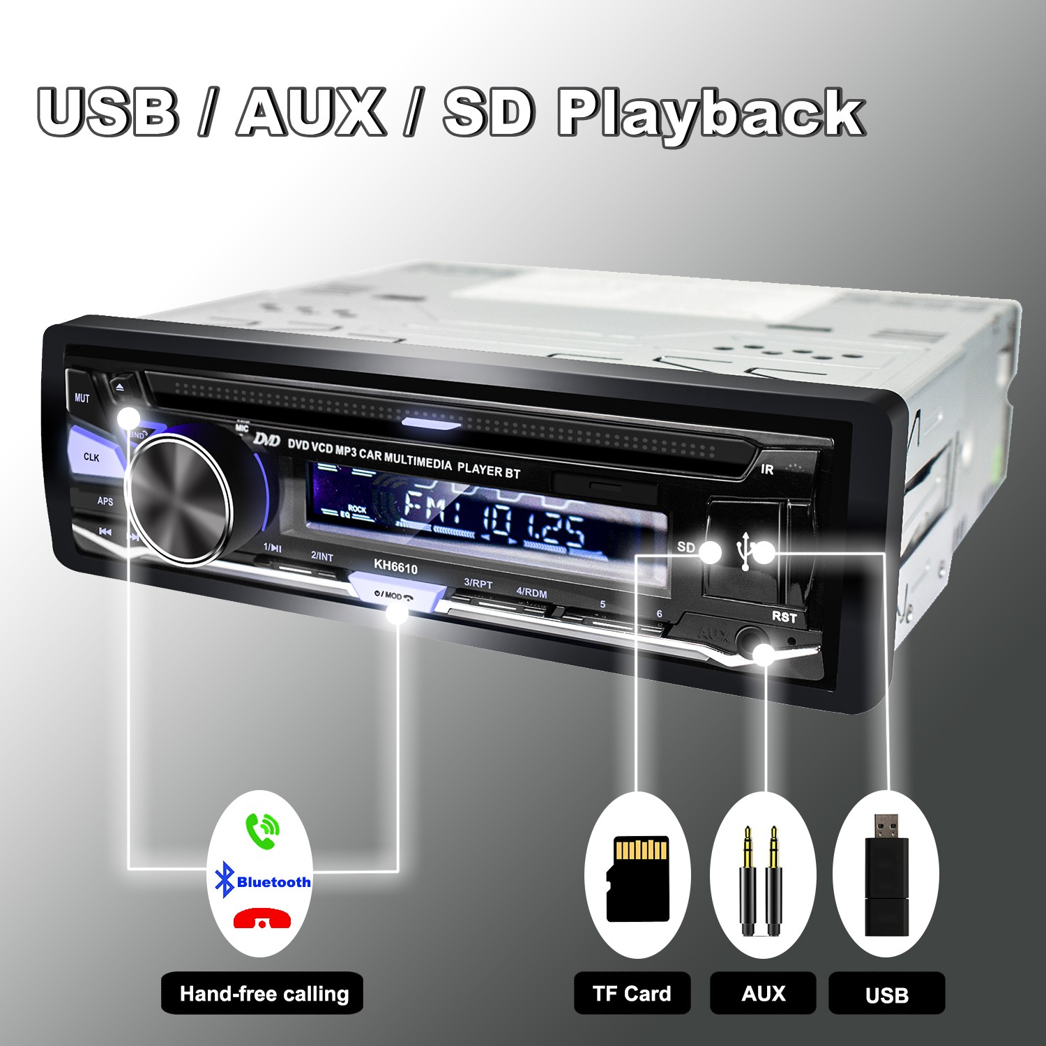 Single 1 Din Car Radio Audio Stereo DVD CD MP3 Player Bluetooth USB/AUX/SD/FM