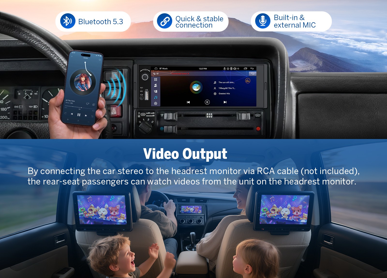 Single 1 DIN 6.36″ Touchscreen Stereo Wireless CarPlay Android Auto w/ Bluetooth