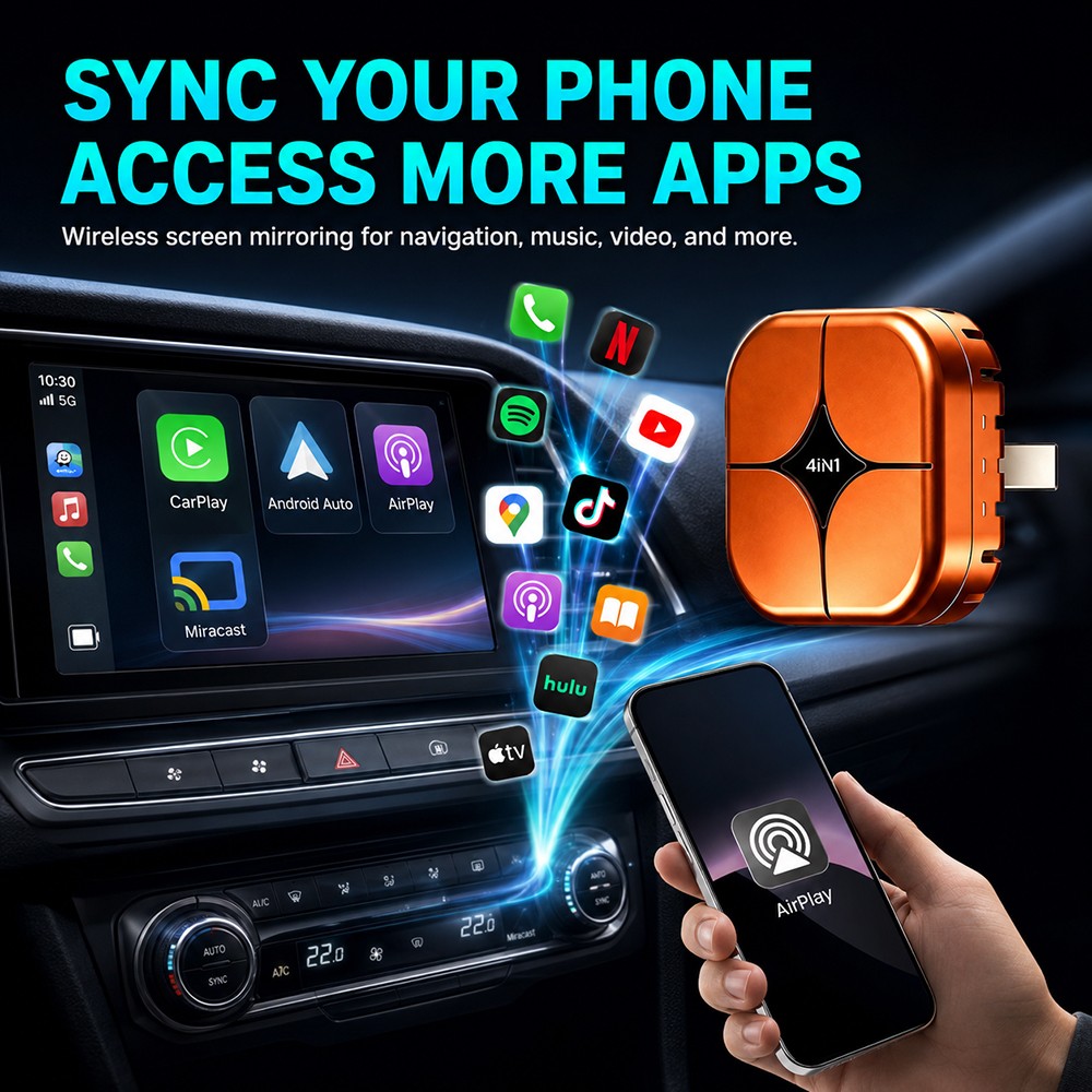 4-in-1 Screen Mirroring Wireless CarPlay Adapter Android Auto AirPlay USB Dongle
