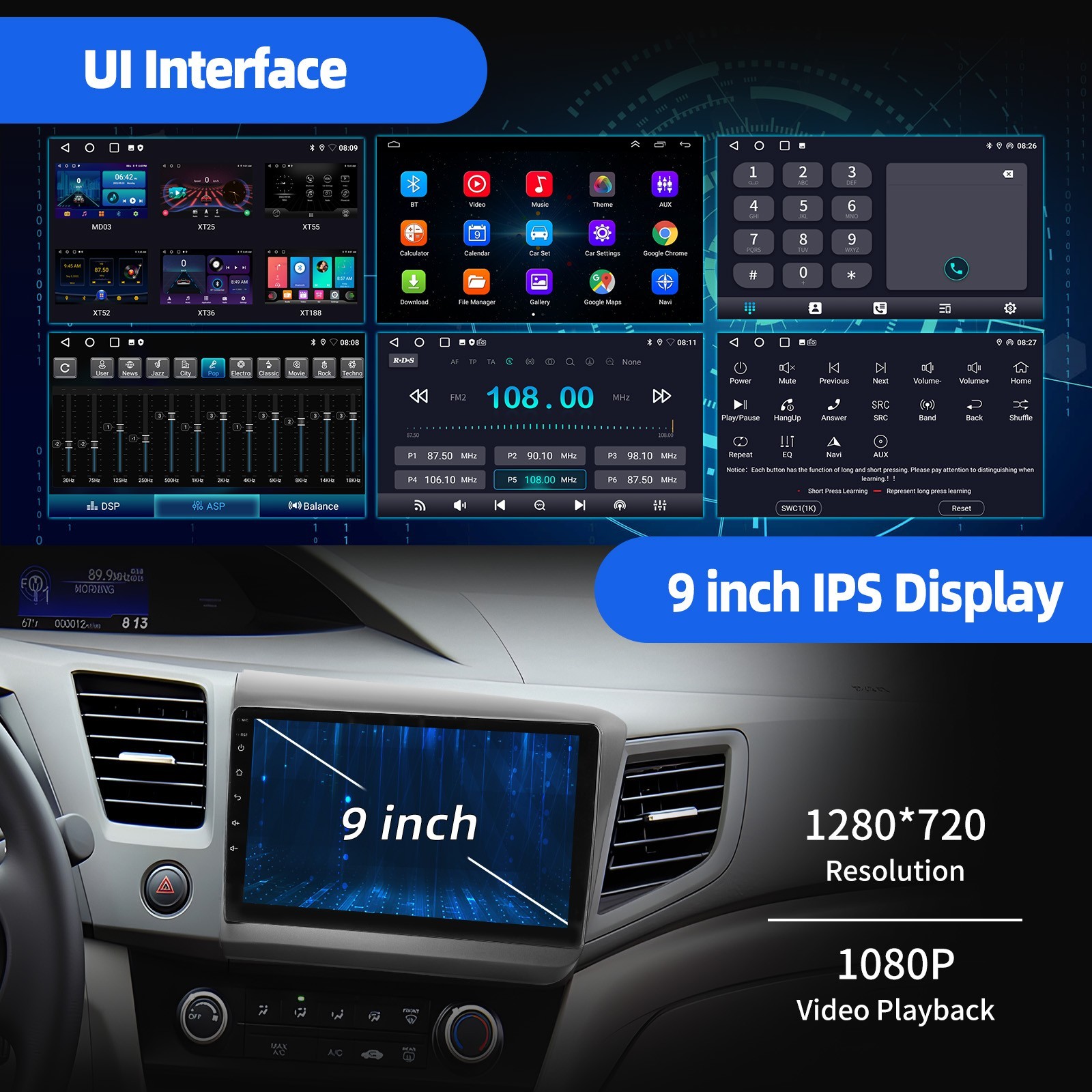 For 2012 Honda Civic LX Sedan 9in Android 15 Car Stereo GPS Navi Apple Carplay