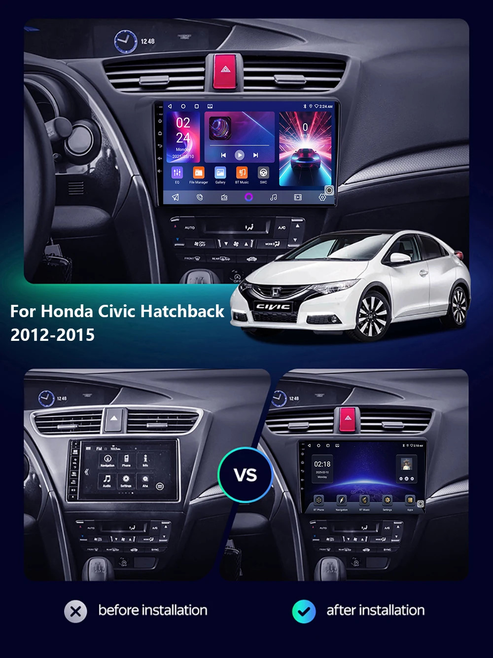 For Honda Civic Hatchback 2012-2015 Android Video Carplay Stereo Car Radio GPS
