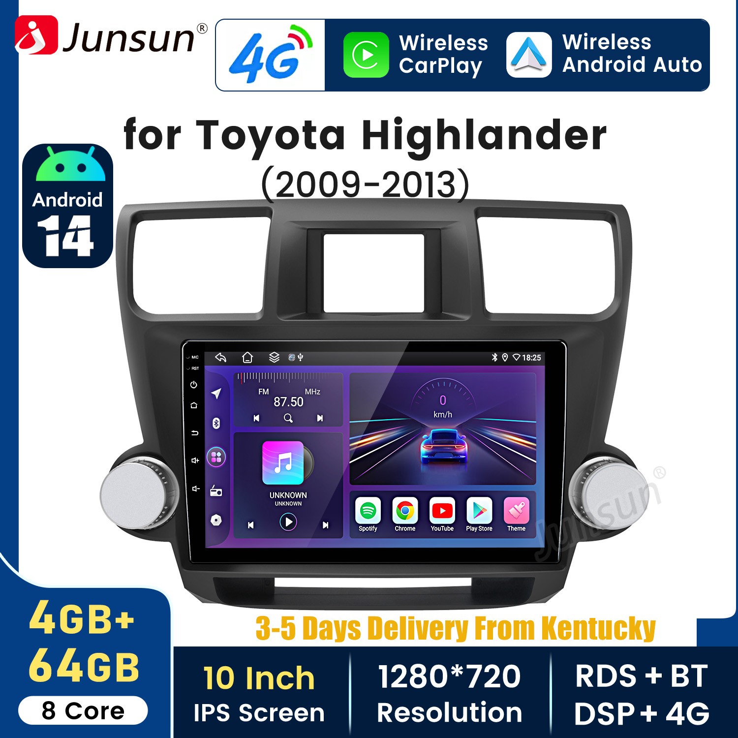 Android14 4+64GB CarPlay Car Stereo Radio GPS Navi For Toyota Highlander 2009-13
