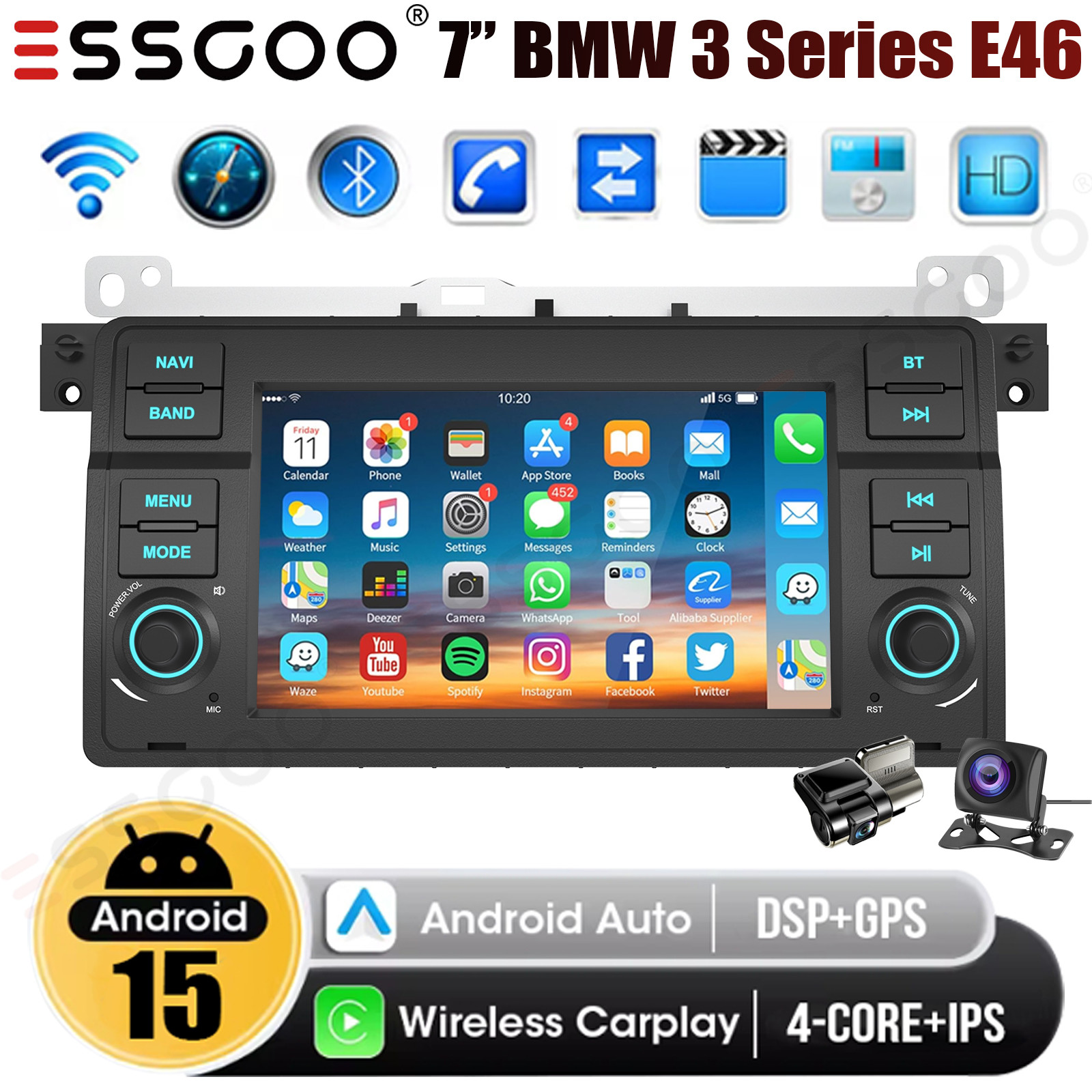 DVR+ CarPlay 7″ Android 15 Car Stereo Radio Head Unit+AHD For BMW 3-Series E46