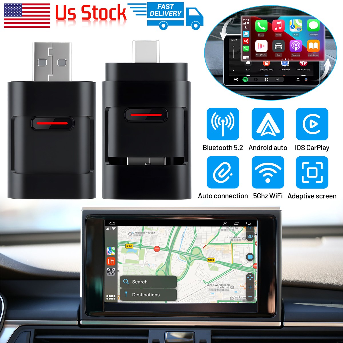 5GHz WiFi USB and Type-C Plug and Play Cable to Wireless CarPlay Mini Adapter US