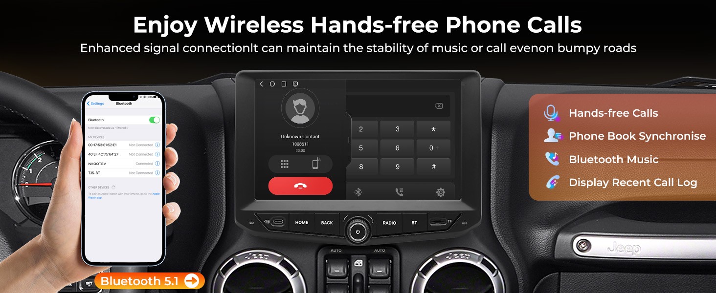 Car Stereo for Jeep Wrangler JK 2011-2017 Wireless CarPlay/Android Auto 8+128GB