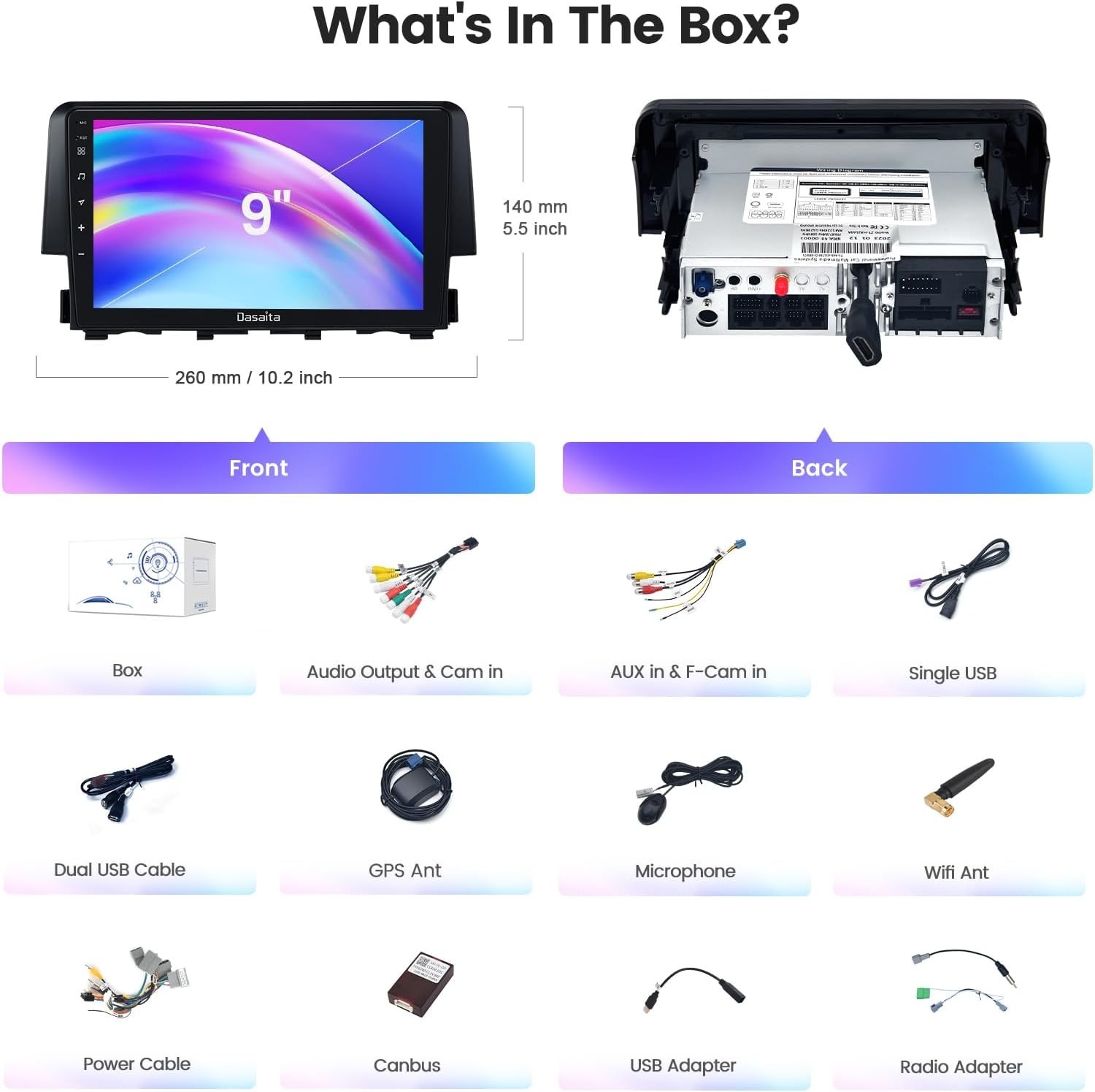 Dasaita 9″ Car Stereo for Honda Civic 2015-2022 with Carplay Android Auto 4+64G