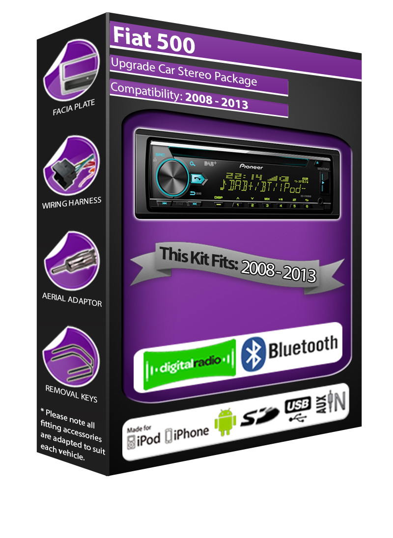 Fiat 500 DAB radio, Pioneer stereo CD USB AUX player, Bluetooth handsfree kit