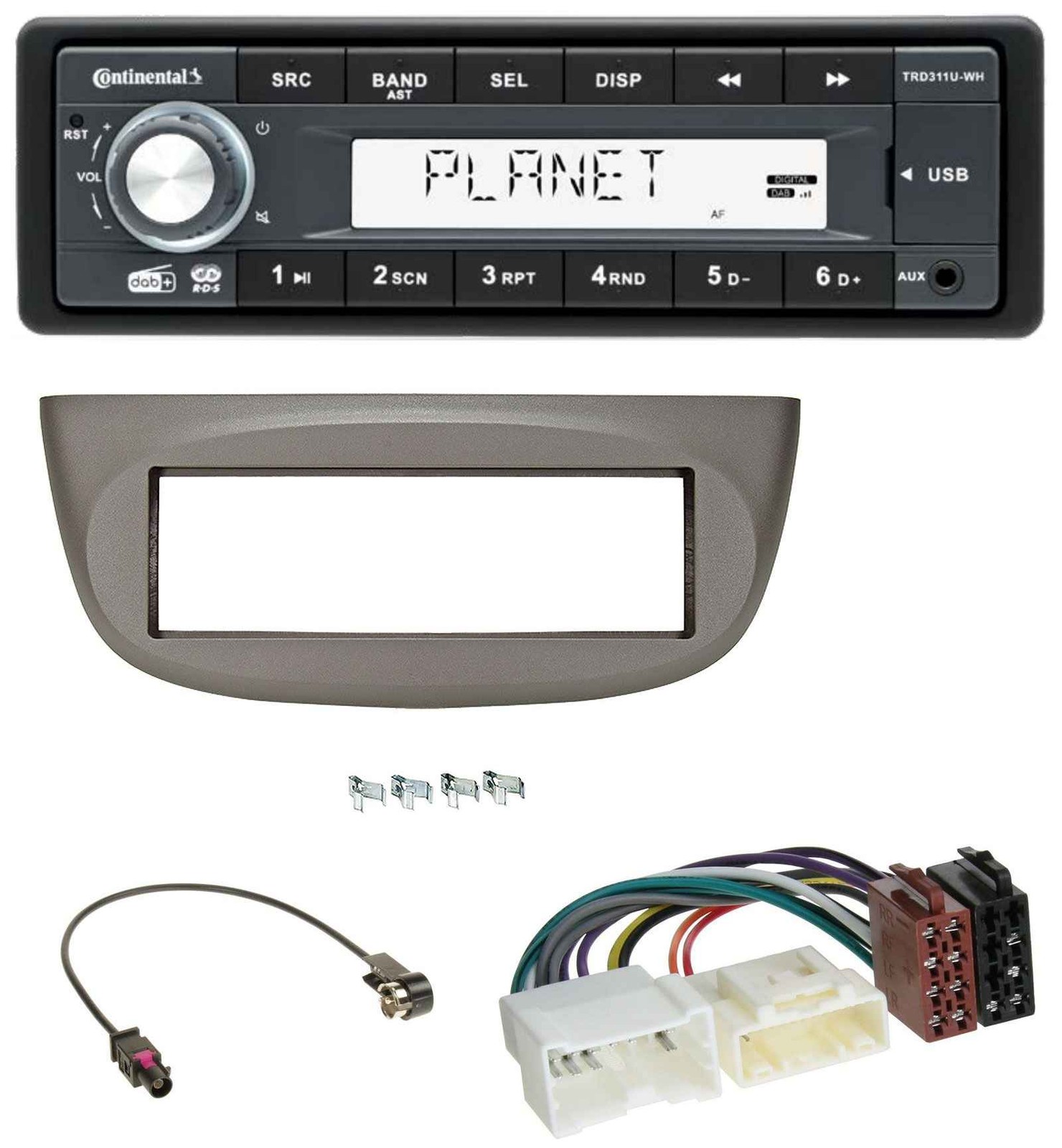 Continental MP3 AUX USB DAB 1DIN Car Stereo for Renault Twingo 2012 Onwards Beige Grey