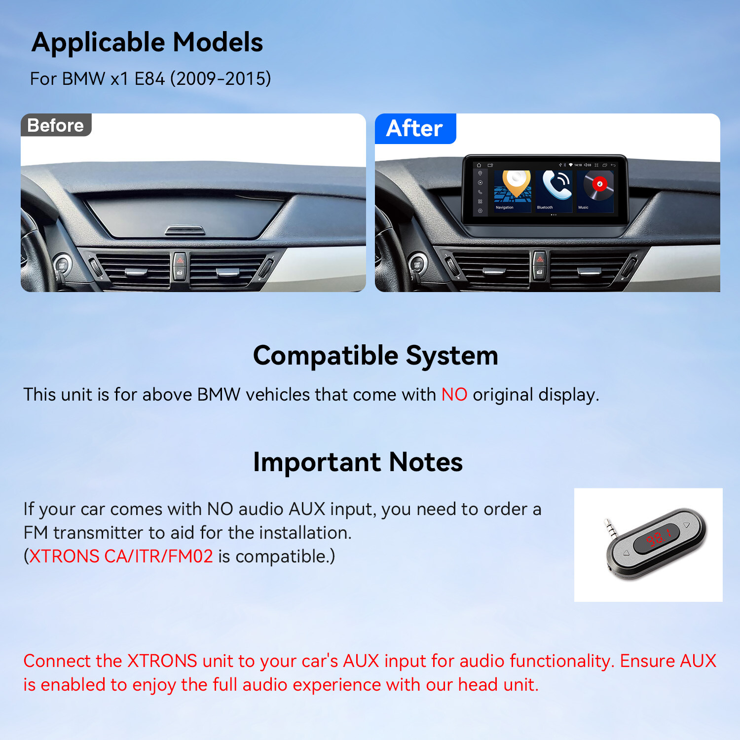 For BMW X1 E84 No Original Display Android 14 Car GPS Navi Stereo 8Core 4+64GB