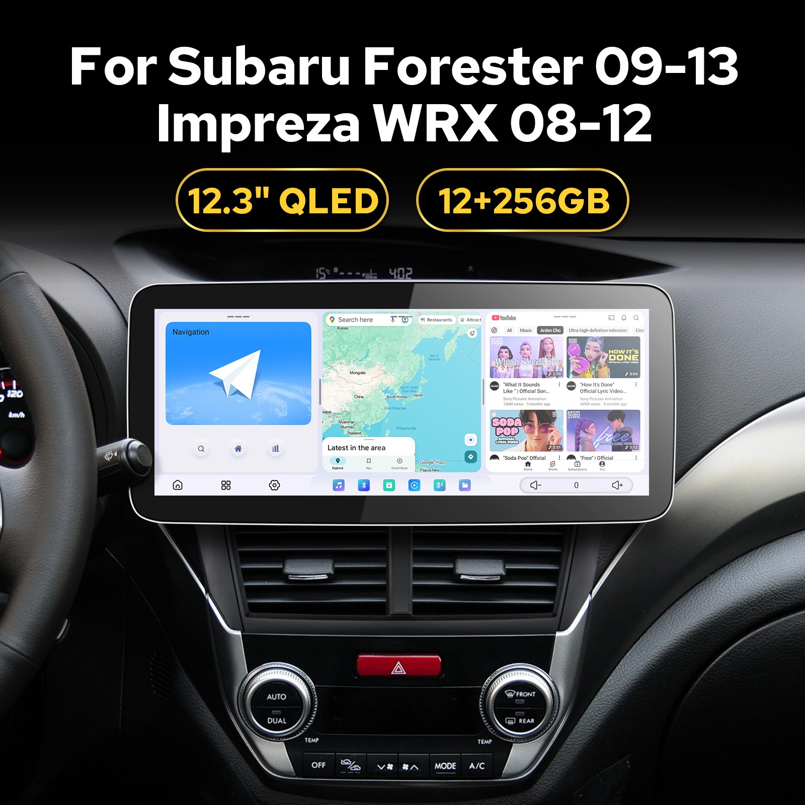 Plug-and-Play 12.3 in QLED Touchscreen CarPlay GPS Nav for Subaru WRX 2008-2012