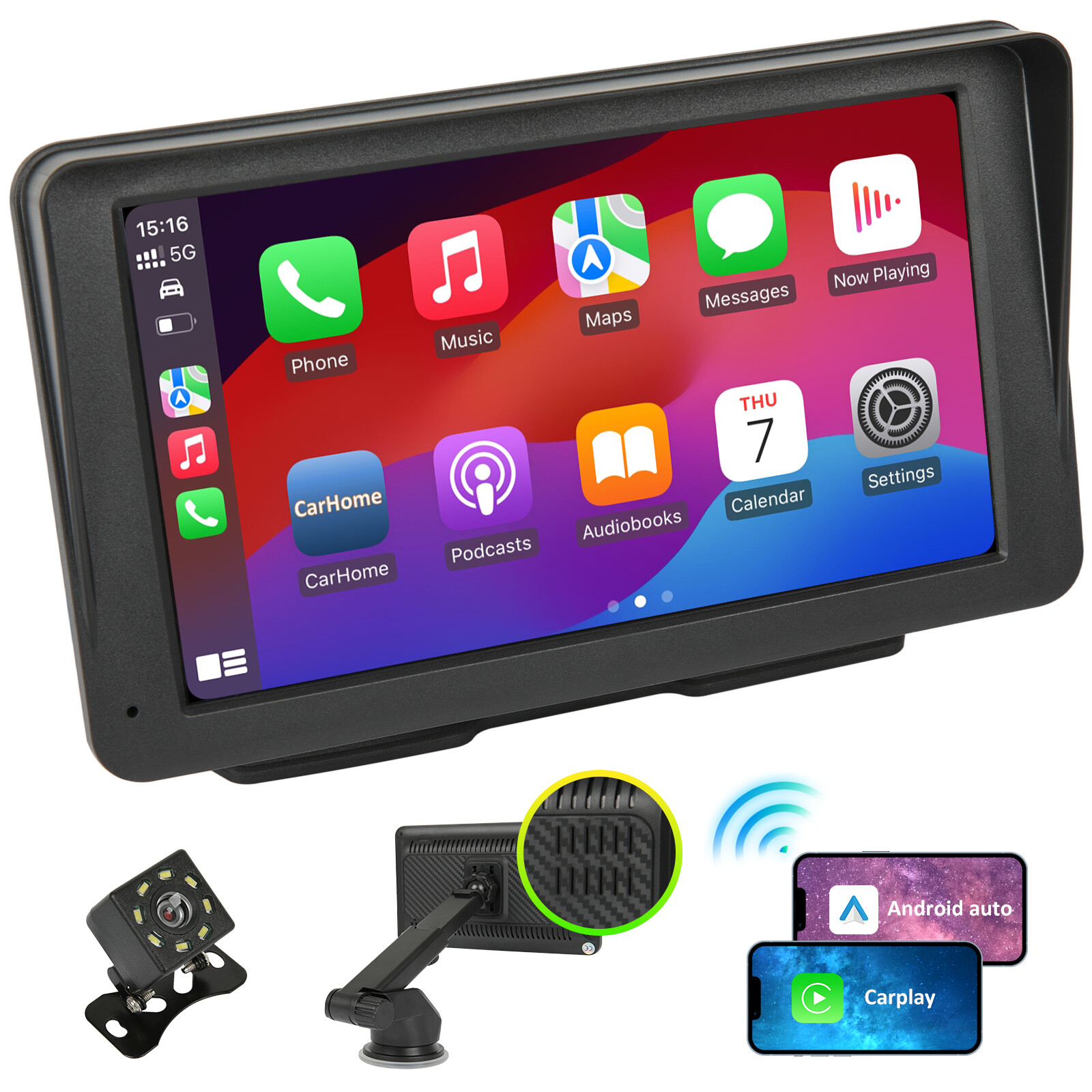 7″ Portable Carplay IOS/Android Auto Play Stereo FM Radio Touch Screen Bluetooth