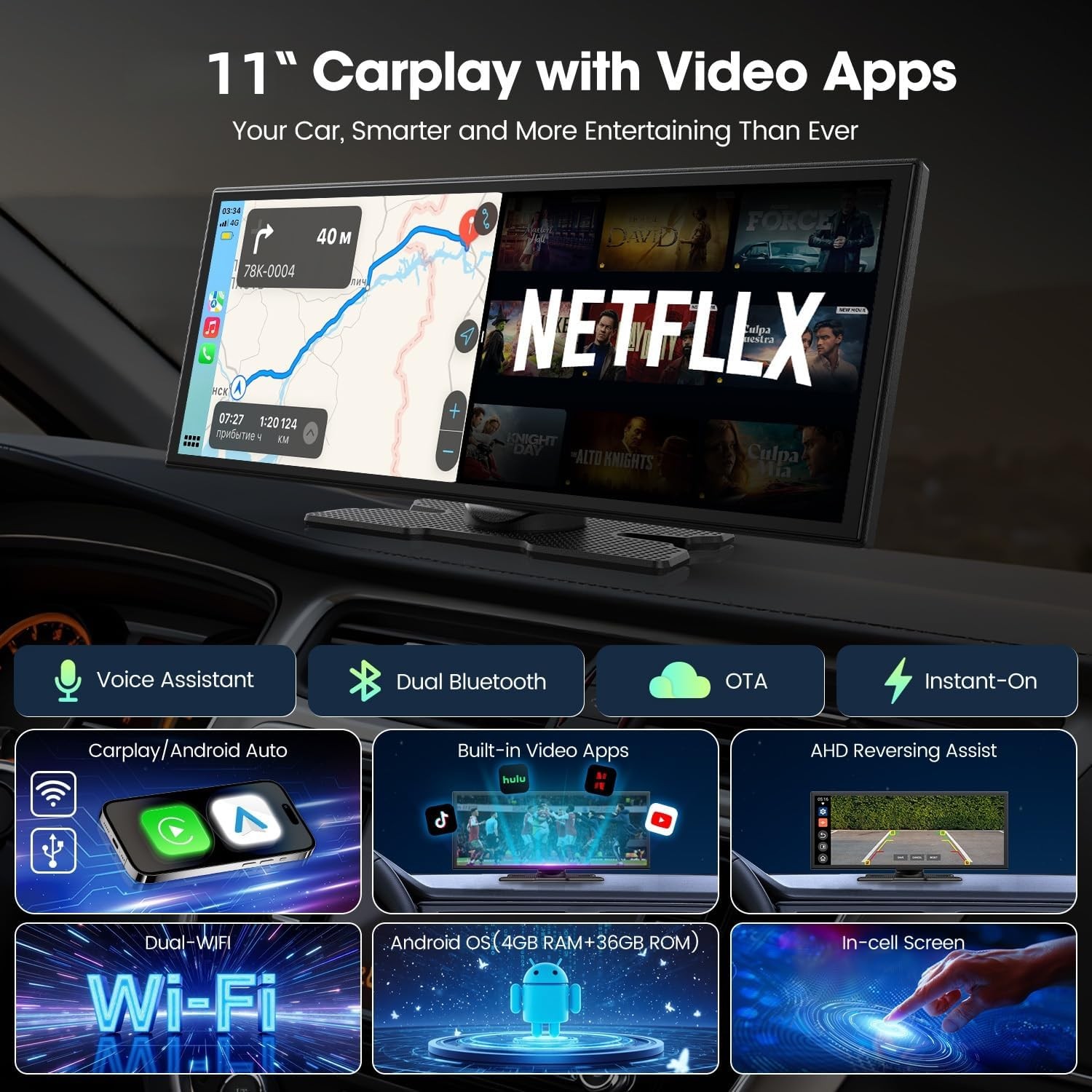 10.25″ Touch Screen Car Stereo Apple CarPlay Android Auto Portable with Net-Flix