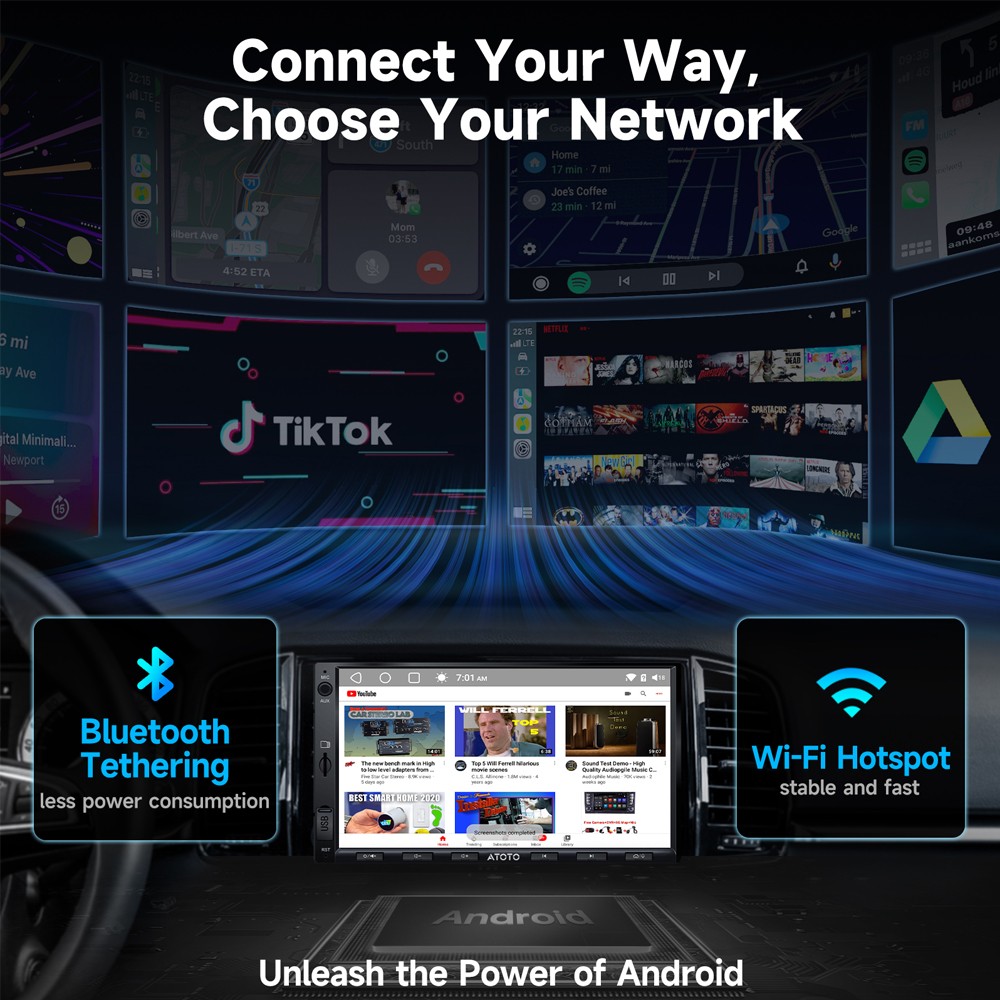 ATOTO F7WE 7in Double DIN Car Stereo GPS NAVI Wireless Android Auto & CarPlay,FM