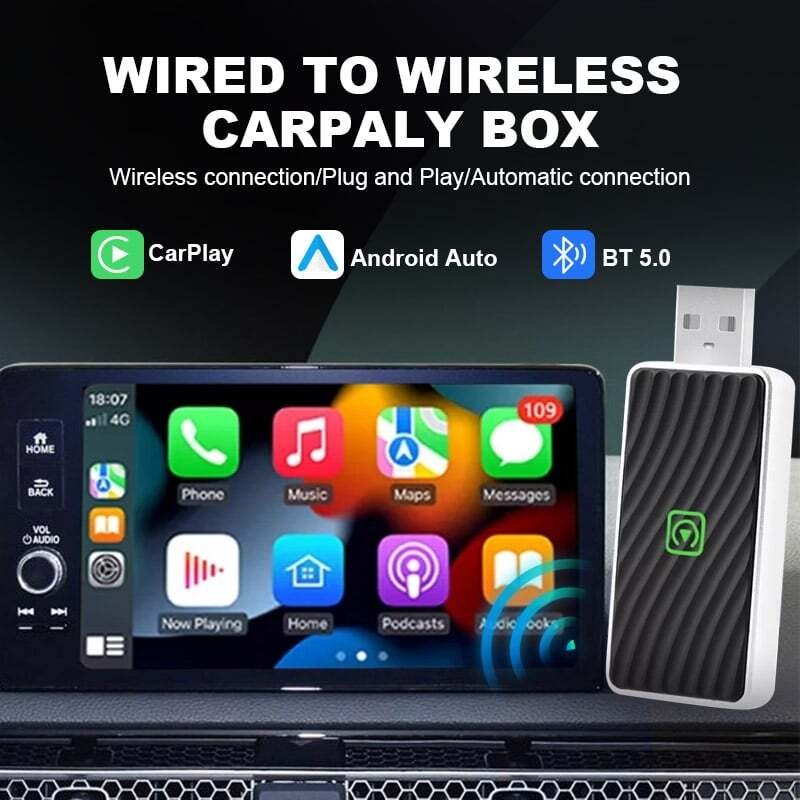 2-in-1 Wireless CarPlay Android Auto Adapter Plug Play USB for iPhone Android