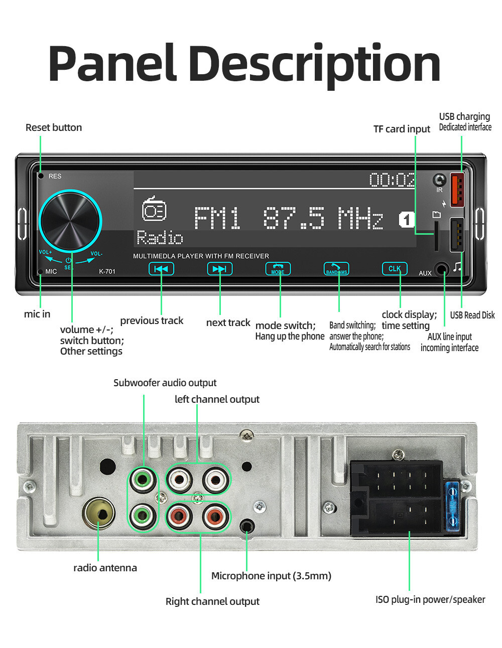 Car Radio Stereo 1 Din Bluetooth MP3 Player Touch Buttons FM/USB/AUX/TF W/Remote