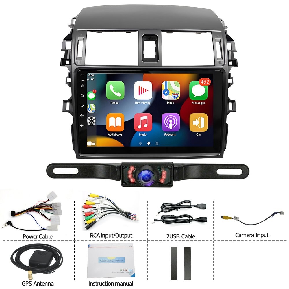 2+64G For Toyota Corolla 2007-2013 Carplay Android15 Car Stereo FM/RDS Navi 9″