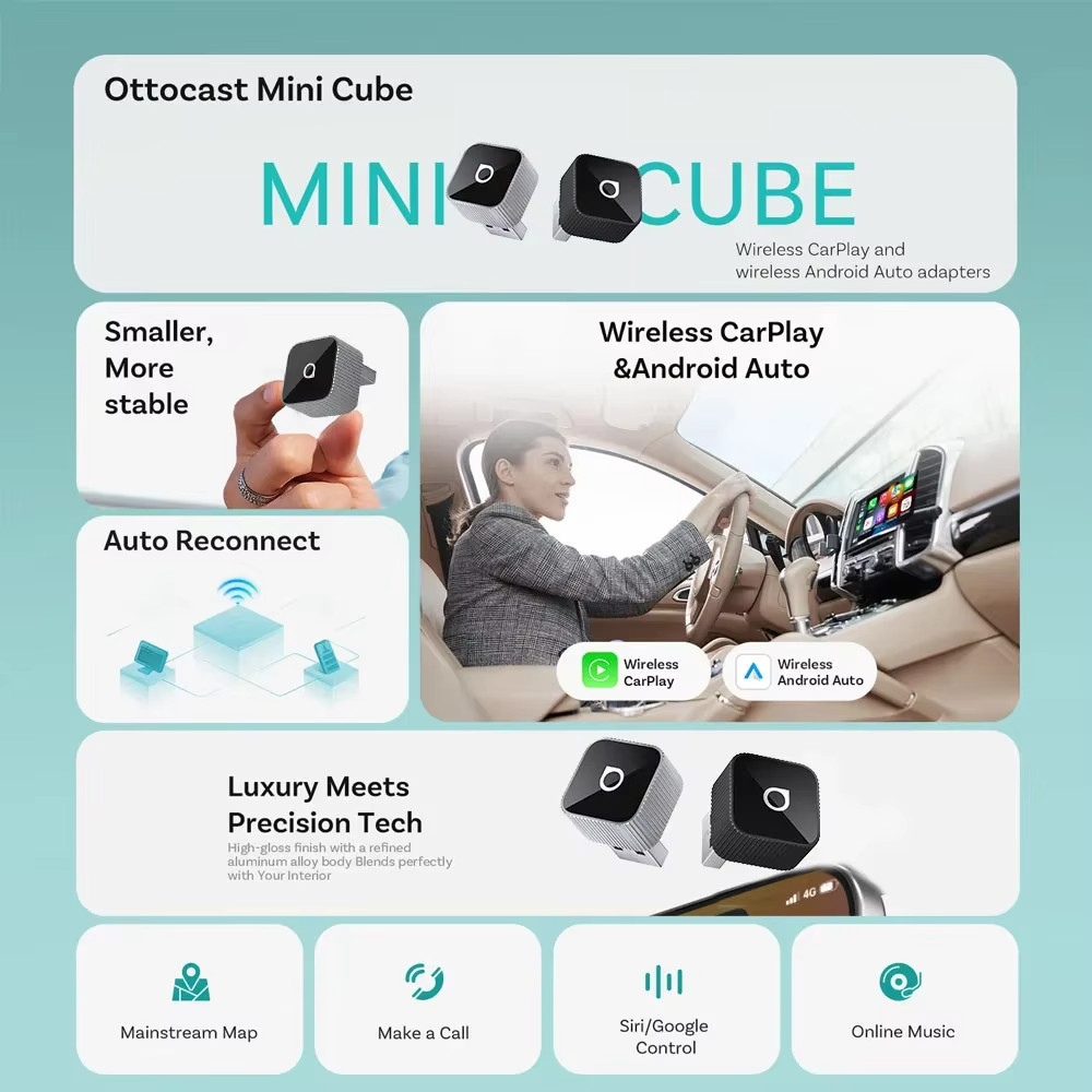 Ottocast Mini Slim Wireless CarPlay & Android Auto Adapter USB Plug & Play