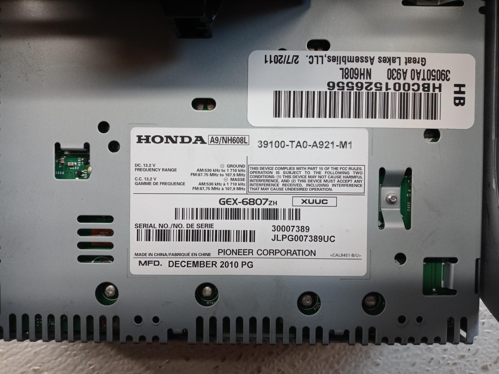 11 12 Honda Accord Radio AM-FM-6CD Navigation ***May Need Programming***