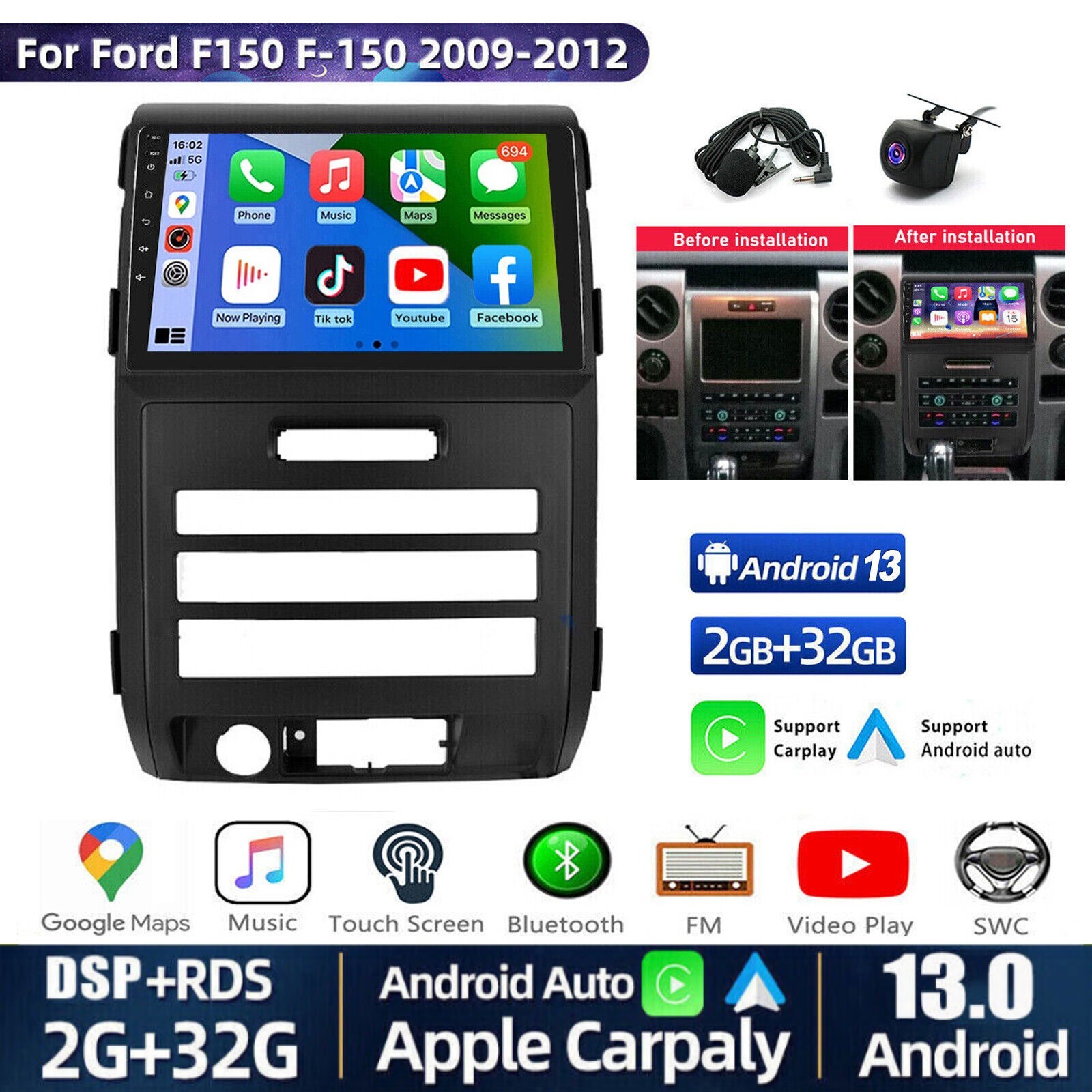 For Ford F150 2009-2012 Android 13 Wifi Apple Carplay Car Stereo Radio GPS Navi
