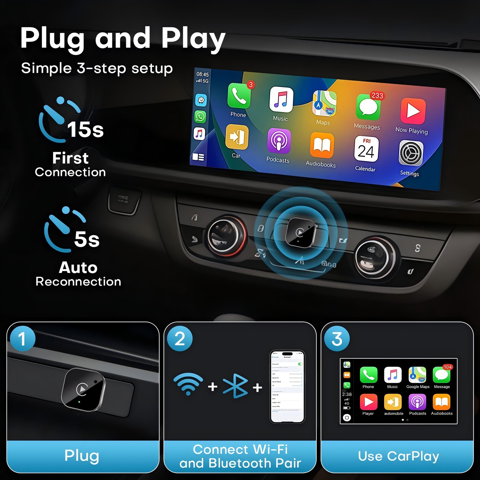 2PCS Wireless USB Carplay Adapter Dongle For iPhone Apple Android Auto Plug Play